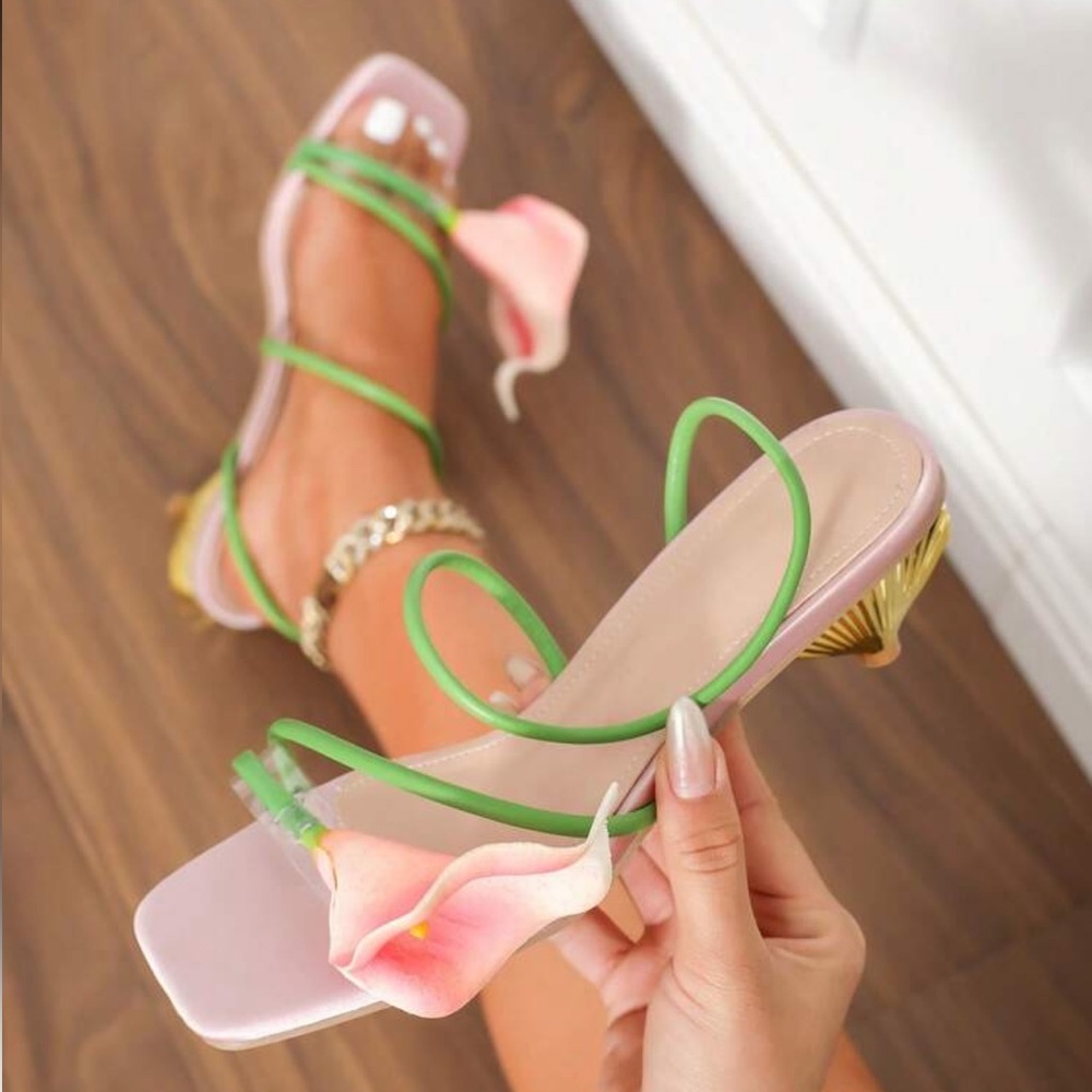 Tuberose Elegant Floral Green & Pink Sandals Unique Flower Kitten Heels